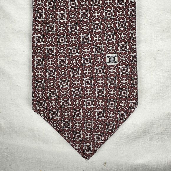 Céline Paris Men's Tie 100% Silk Handmade In France Burgundy White L58 W3 - Picture 5 of 14